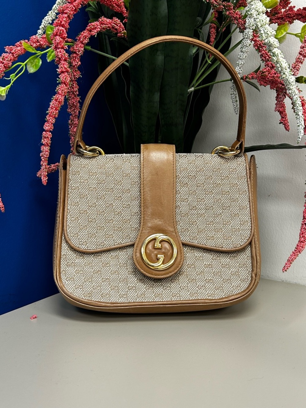 Gucci Beige & Tan Top-Handle GG print Flap Shoulder Bag with Gold Hardware